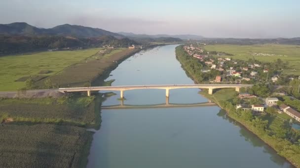 夏の日の小さな町とフィールドの間の広い青い川上部のビュー素敵な大きな白い橋を鼓舞 — ストック動画