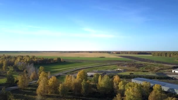 Bird eye view boskap komplex bland åkrar och skogar — Stockvideo