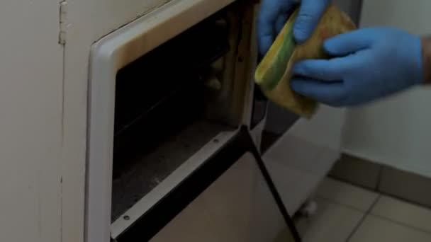 Повар принимает хачапури на хлебопекарном листе из духовки — стоковое видео