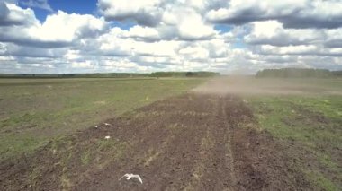 Flycam traktör toz bulutu ve kuşlar karık üzerinde izler.