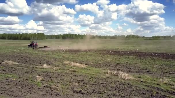 하얀 새 밭 고 랑 트랙터에 의해 보 았 날고 공중 보기 — 비디오