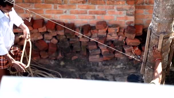 Vieil homme indien attache corde épaisse à mince un par mur de briques — Video