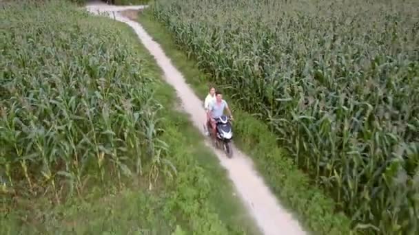 Paar ritten scooter tussen de velden op lente antenne — Stockvideo