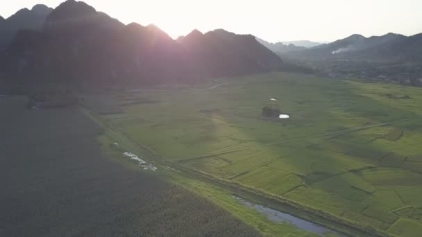 Vista superior de los campos de cacahuetes segmentados contra los picos de las colinas — Vídeo de stock