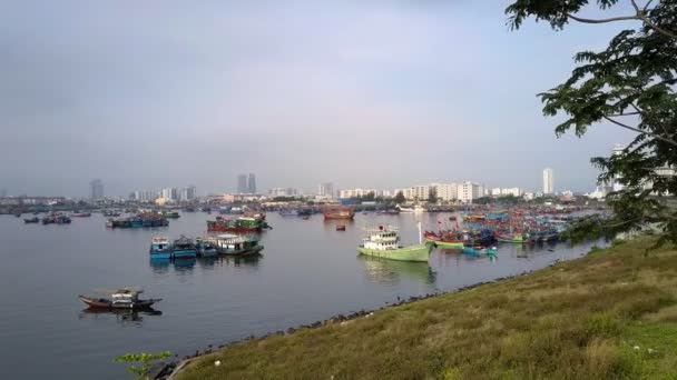 Pesca y barcos turísticos páramo en el muelle contra la gran ciudad — Vídeo de stock