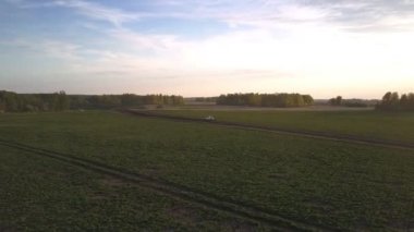 Beyaz araba, sık ormanlara karşı yeşil tarlaları geçiyor.