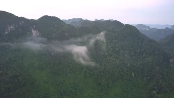 Vit bit av molnet täcker hög grön topp av bergskedjan — Stockvideo