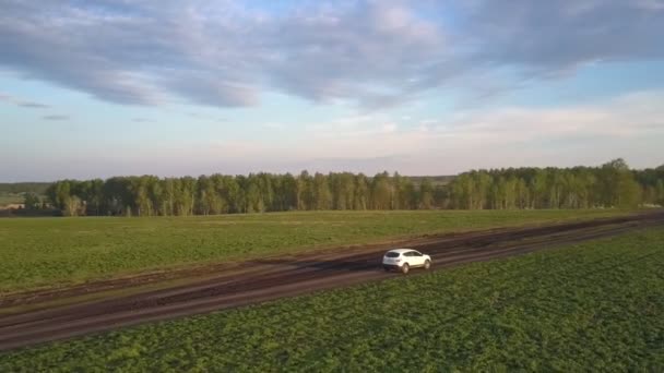 Automobil s dlouhými stínovými jednotkami podél špinavé cesty mezi poli — Stock video