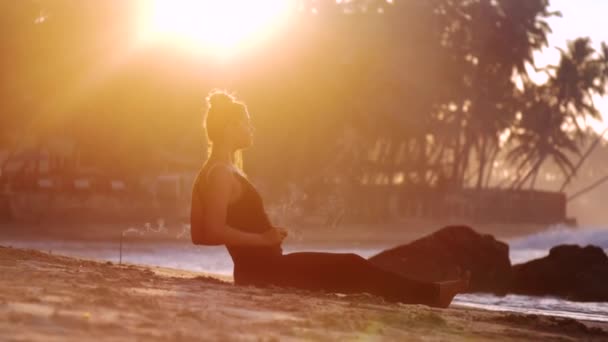 Pieds nus fille se trouve sur la plage de sable contre les silhouettes de palmier — Video