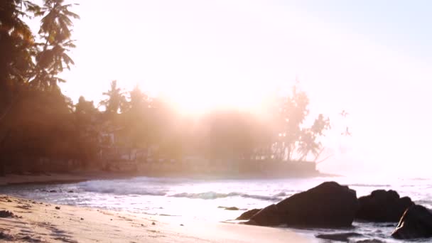 Sandy beach at foaming ocean waves reflecting sunlight — Stock Video