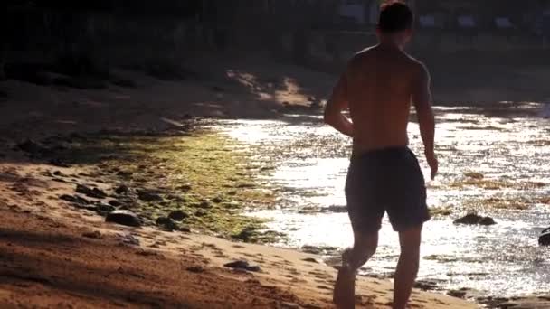 Silueta deportista corre a lo largo de playa de arena vista trasera — Vídeos de Stock