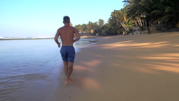 Muskulöse Turnerin läuft langsamen Rücken entlang des gelben Sandes — Stockvideo