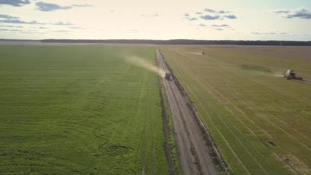 Velocidad del camión de visión aérea a lo largo de la carretera terrestre haciendo nube de polvo — Vídeo de stock