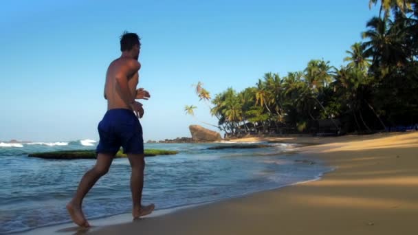 Sportliche Turnerin läuft bei blauem Himmel am gelben Strand entlang — Stockvideo