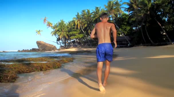 Homem muscular em shorts azuis corre contra enormes palmas verdes — Vídeo de Stock