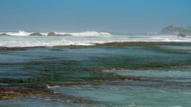 Vagues océaniques picturales roulent sur des rochers bruns à la côte — Video