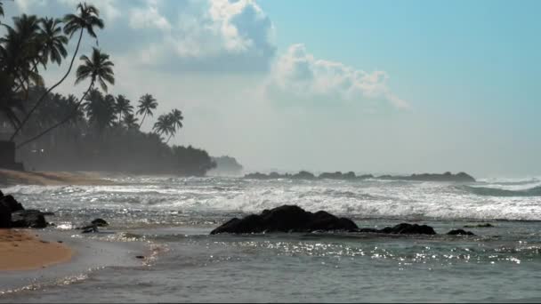 Vagues océaniques moussantes roulent sur la plage de sable jaune moussant — Video