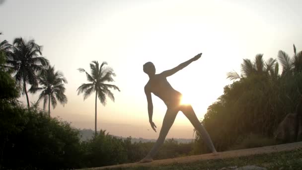 Femme change trikonasana pose par palmiers tropicaux au ralenti — Video