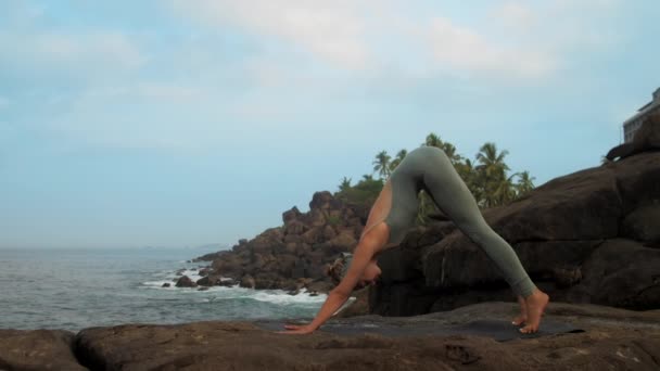 소녀 도착 아웃 의 adho mukha shvanasana 에 무릎 슬로우 모션 — 비디오