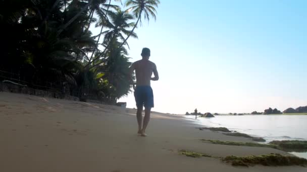 Люди бігають по мальовничій береговій лінії океану повільний рух — стокове відео