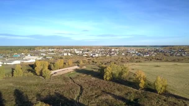 Antenne großes Dorf mit Viehzuchtanlage unter blauem Himmel — Stockvideo