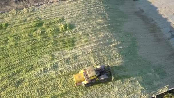 Övre vy grovfoder traktor Rams ensilage i grop på solig dag — Stockvideo