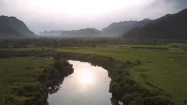 harika nehir engin fıstık tarlaları yakınında sarı güneş yansıtır