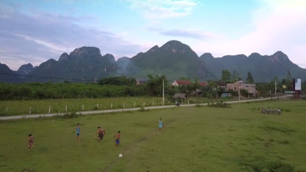 Активні хлопчики грають у футбол на зеленому полі біля невеликого села — стокове відео