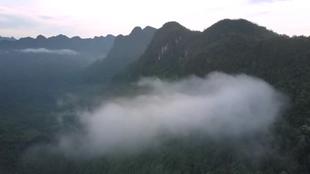 灰色の霧と小さな雲が高い山脈の間にハングアップ — ストック動画