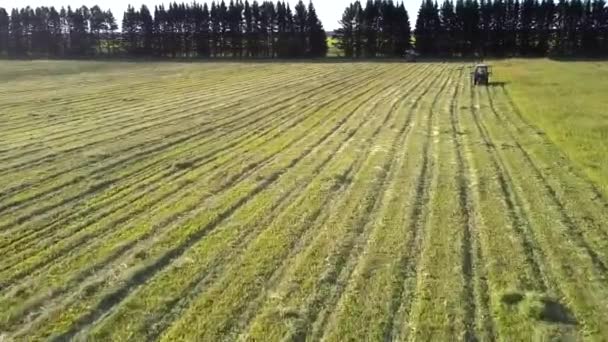 Nära flygning över bara mejade gräs delar till traktorer — Stockvideo
