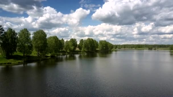 Kalm rivierwater weerspiegelt bomen en wolken silhouetten — Stockvideo