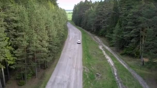 Branco moderno cross-over drives ao longo asfalto estrada vista superior — Vídeo de Stock