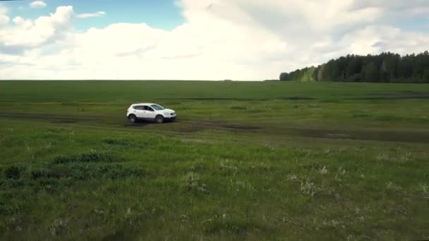 Unidades de auto vista superior ao longo da pista de terra entre os campos — Vídeo de Stock