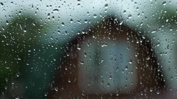 Невеликий дощ працює на мокрій скляній макрос вікна — стокове відео
