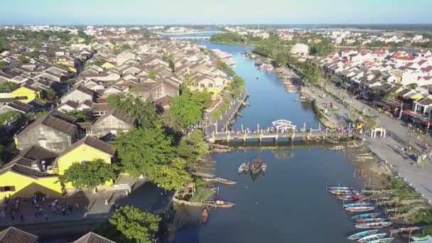 Pássaro olho vista cidade com casas arrumadas localiza nas margens do rio — Vídeo de Stock