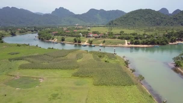 Mouvement au-dessus des champs à la rivière avec village sur la rive vue supérieure — Video