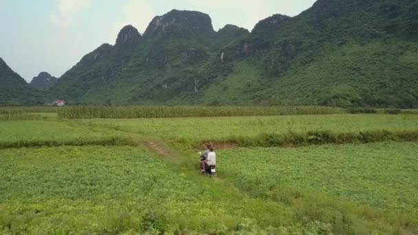 Casal monta scooter ao longo da estrada acidentada em campos vista aérea — Vídeo de Stock