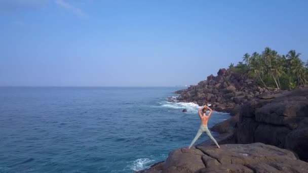 苗条的女士使头发包子站在大石头上的海洋 — 图库视频影像