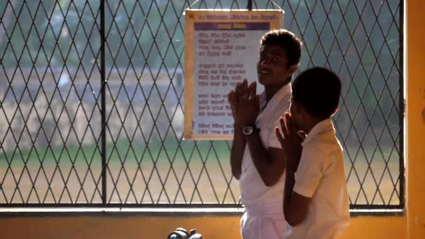 Sinhalese schoolboys lit by sun pray before lesson slow — Stock Video