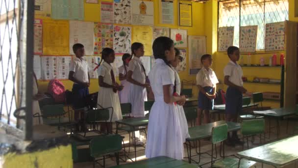 Skolbarn ber på gröna bänkar mot väggen med bord — Stockvideo