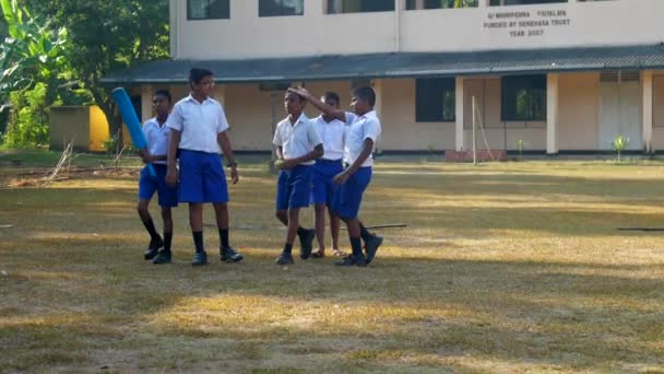 Meninos de escola caminham ao longo do parque infantil verde com sorrisos — Vídeo de Stock