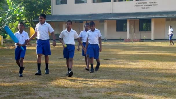 Meninos felizes caminhar ao longo do parque infantil com equipamento de críquete — Vídeo de Stock