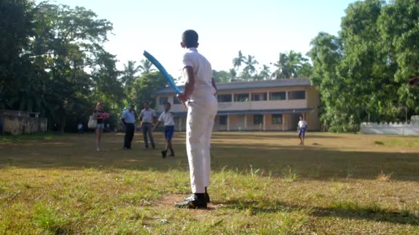 Хлопчик дивиться на літаючі крикет м'яч проведення синій Bat повільний — стокове відео