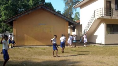 Sinhalese okul çocukları aradan sonra binaya yürümek