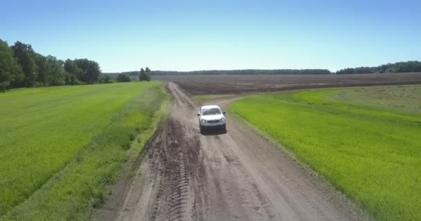 Bílé automobily a otáčí se podél úzké pozemní stezky — Stock video