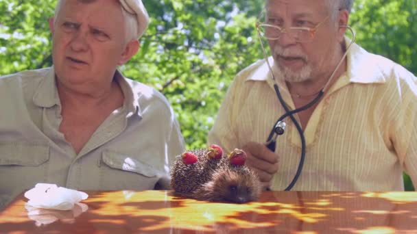 Ouderen zitten aan tafel met medische apparatuur — Stockvideo