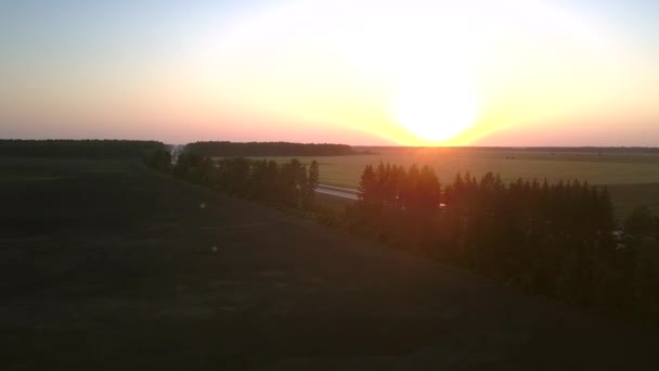 Autobahn zwischen gepflügten und grünen Feldern bei Sonnenuntergang obere Ansicht — Stockvideo