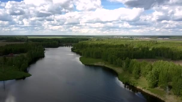 Río azul rodeado de verdes bosques densos contra la aldea — Vídeos de Stock