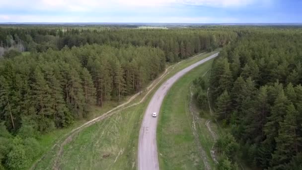 Witte auto rijdt langs grijze asfalt weg op zomerdag — Stockvideo