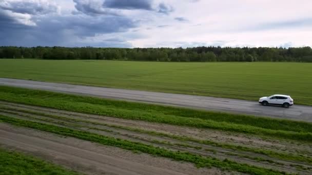 Weißes Sport Utility Vehicle schüttelt beim Befahren alter Straße — Stockvideo